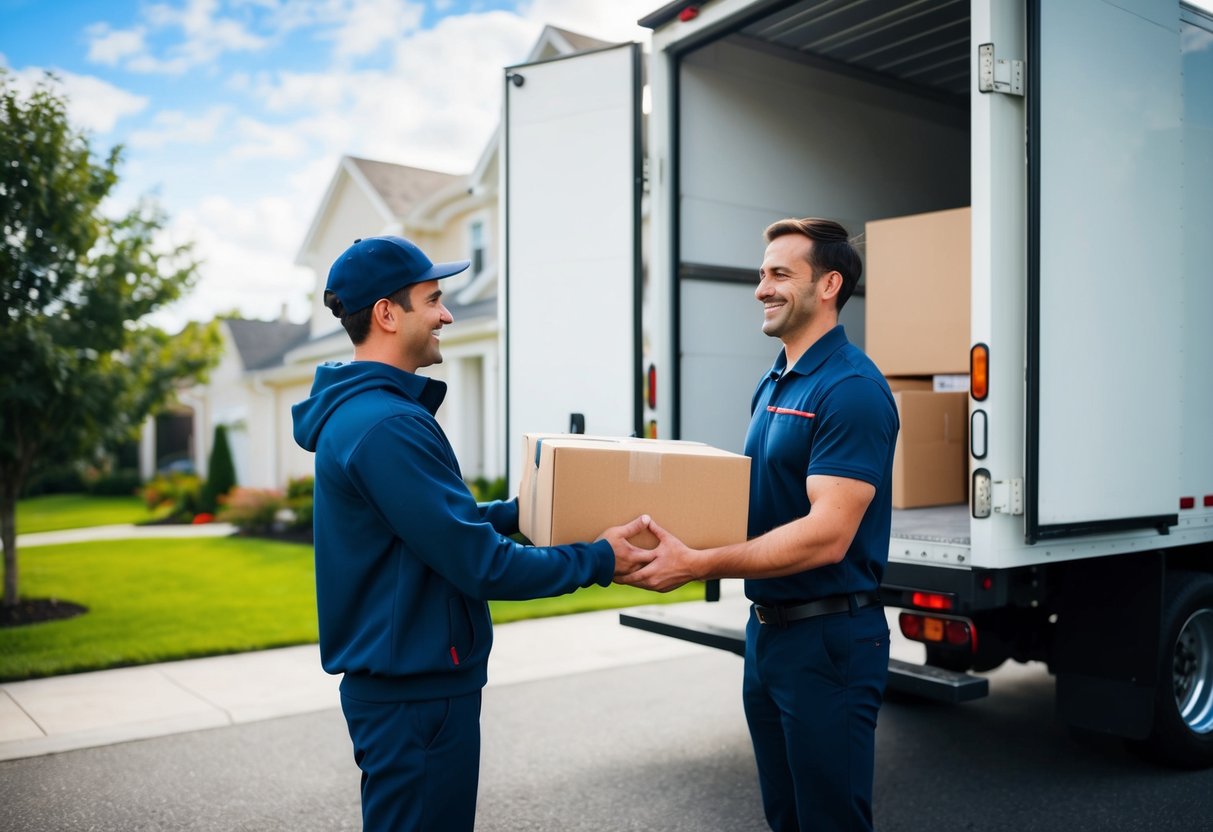 A delivery truck parked outside a house, with a delivery person handing a package to a smiling customer