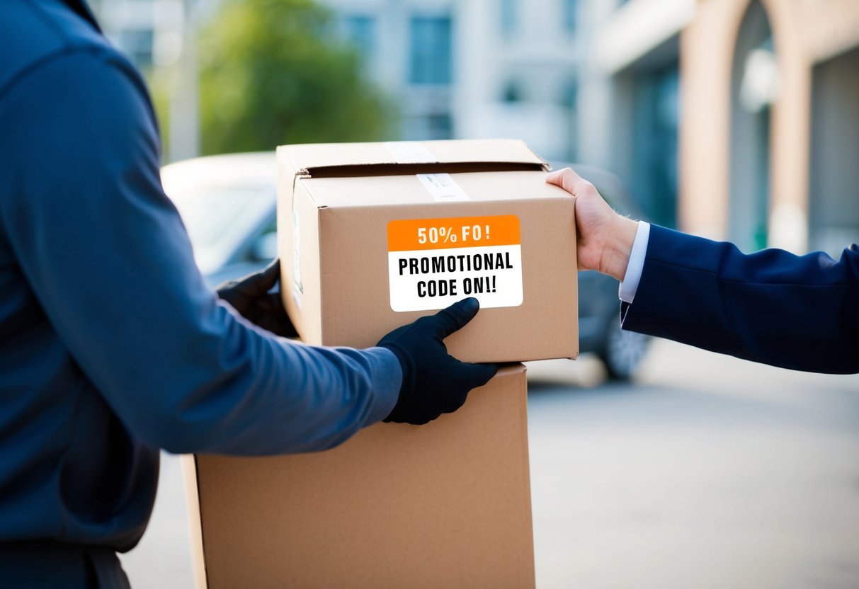A delivery person handing a package to a customer with a promotional code visible on the package