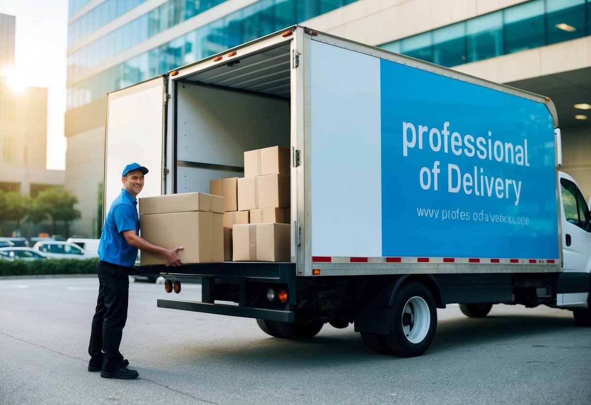 A delivery truck with promotional signage parked outside a busy office building. A delivery person unloading packages with a smile