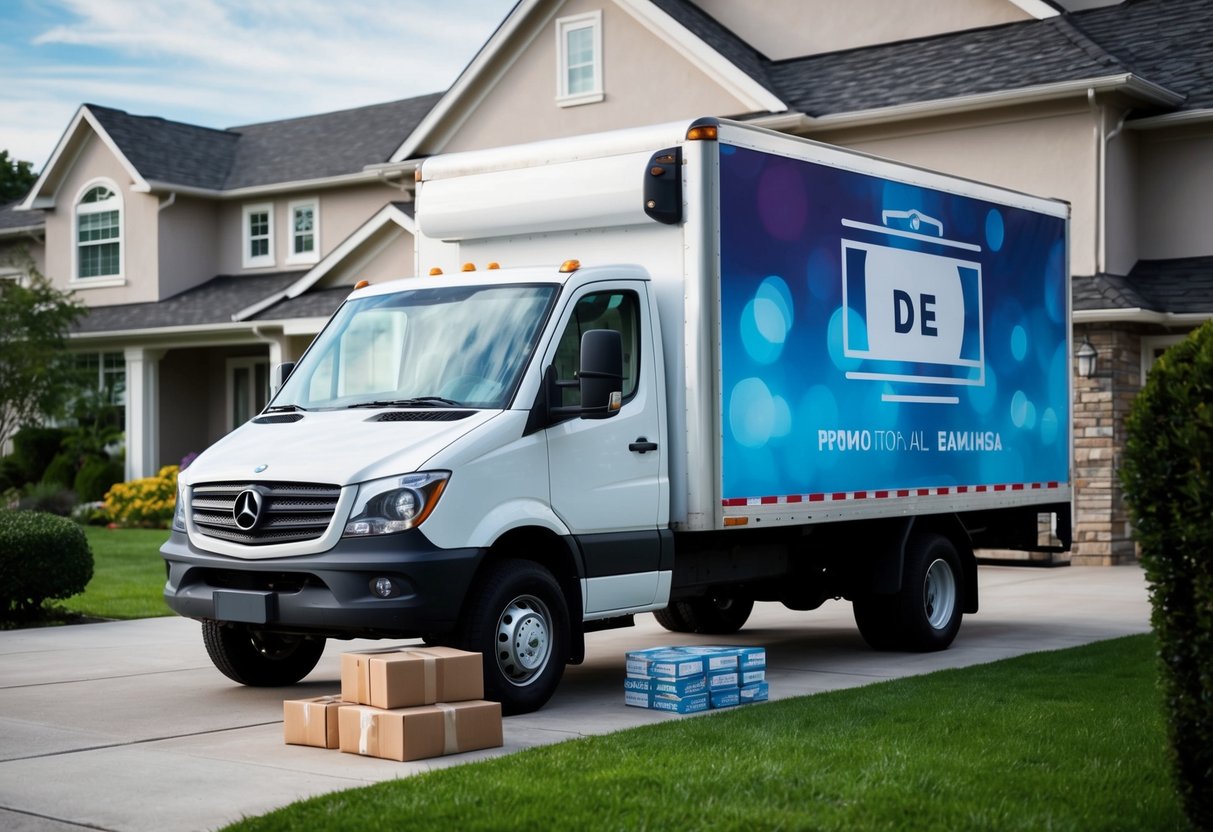 A delivery truck parked outside a house, with a stack of packages beside it and a promotional banner hanging from the vehicle