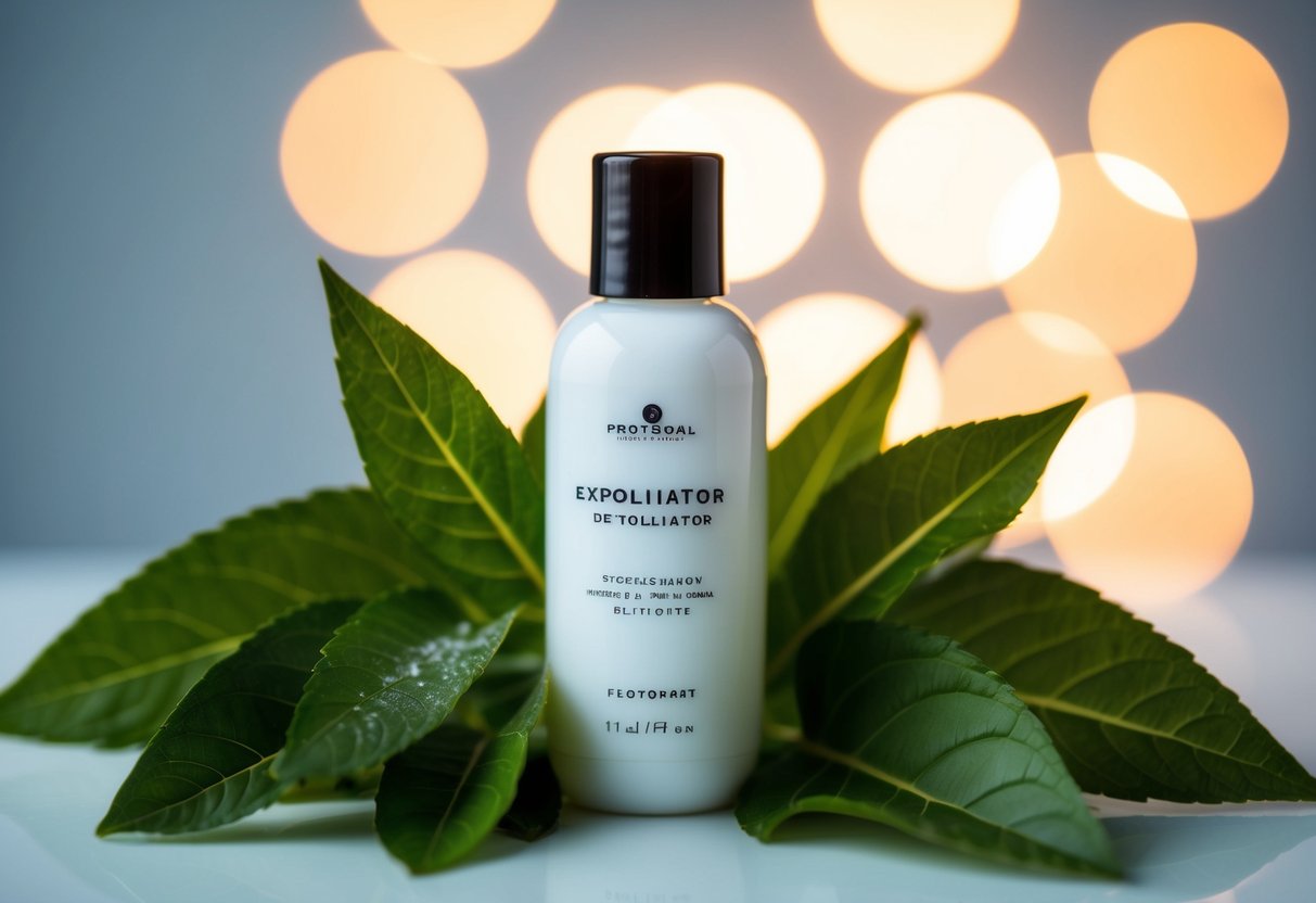 A white exfoliator bottle surrounded by green leaves and a soft, glowing light