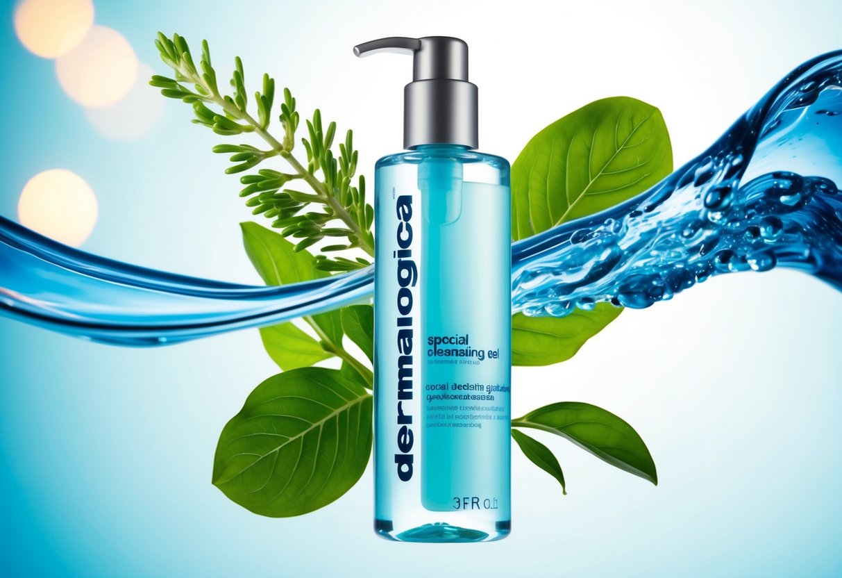 A clear bottle of Special Cleansing Gel by Dermalogica surrounded by gentle waves of water and fresh botanical elements