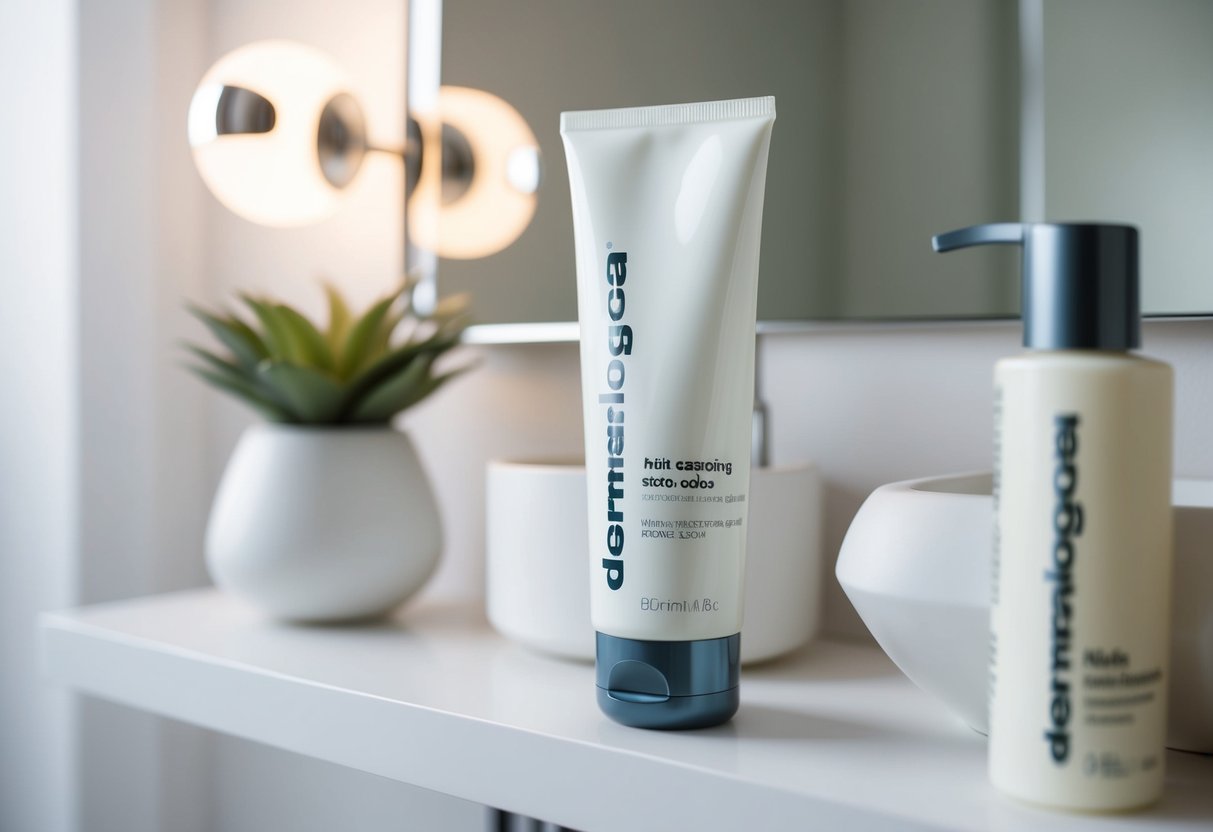 A serene, minimalist bathroom shelf with a sleek white tube of Skin Smoothing Cream by dermalogica, surrounded by soft, natural lighting