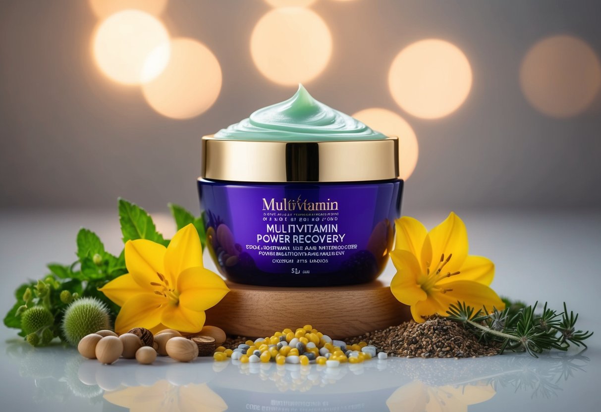 A vibrant and luxurious jar of Multivitamin Power Recovery Masque surrounded by botanical ingredients and a soft, glowing light