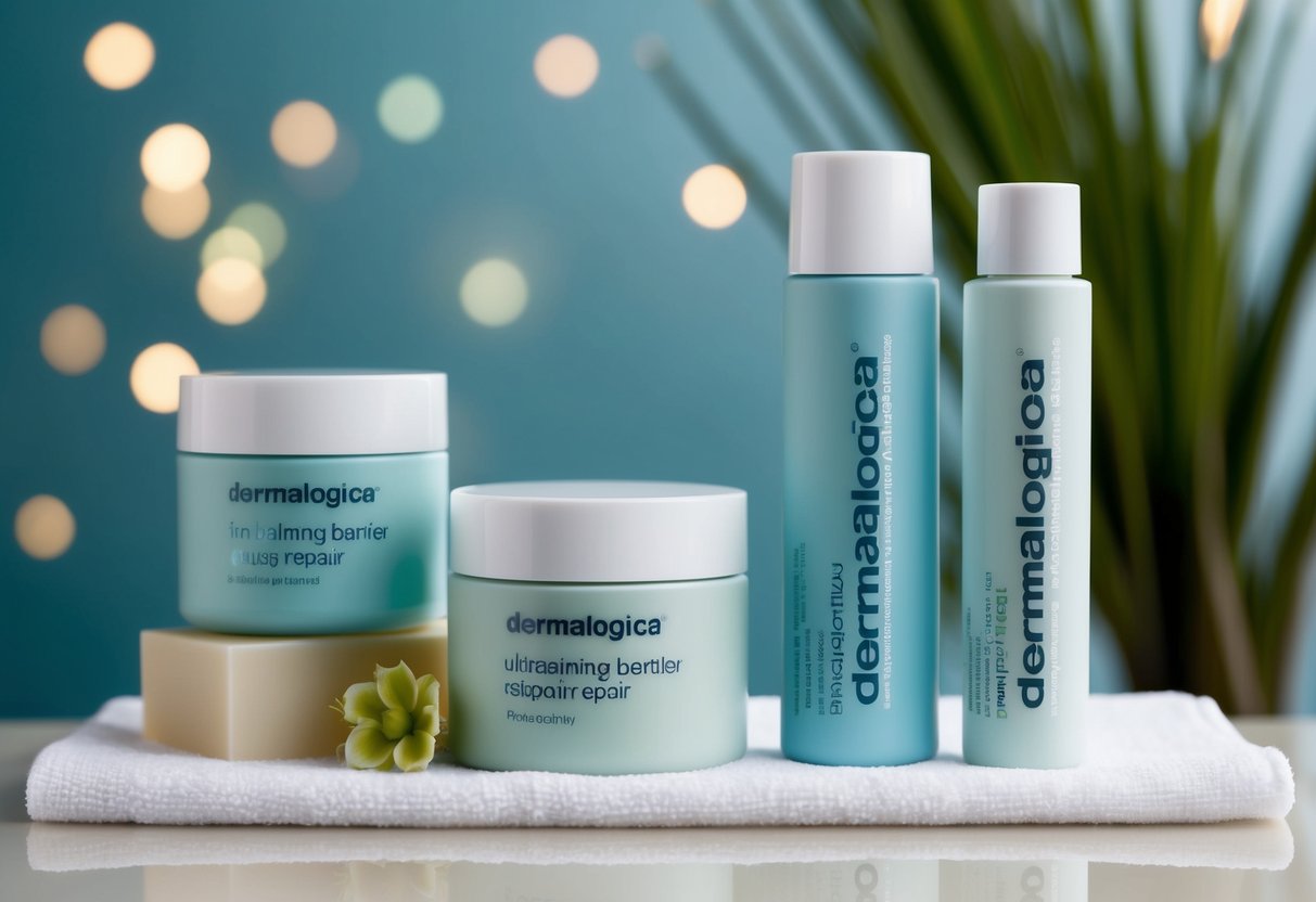 A serene spa setting with a soothing color palette and a prominent display of dermalogica UltraCalming Barrier Repair products