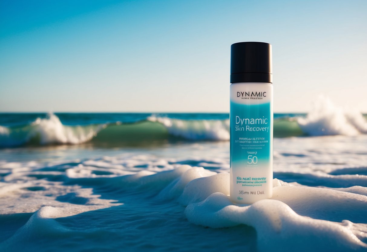 A sunny beach with a clear blue sky, waves crashing on the shore, and a bottle of Dynamic Skin Recovery SPF50 prominently displayed in the foreground