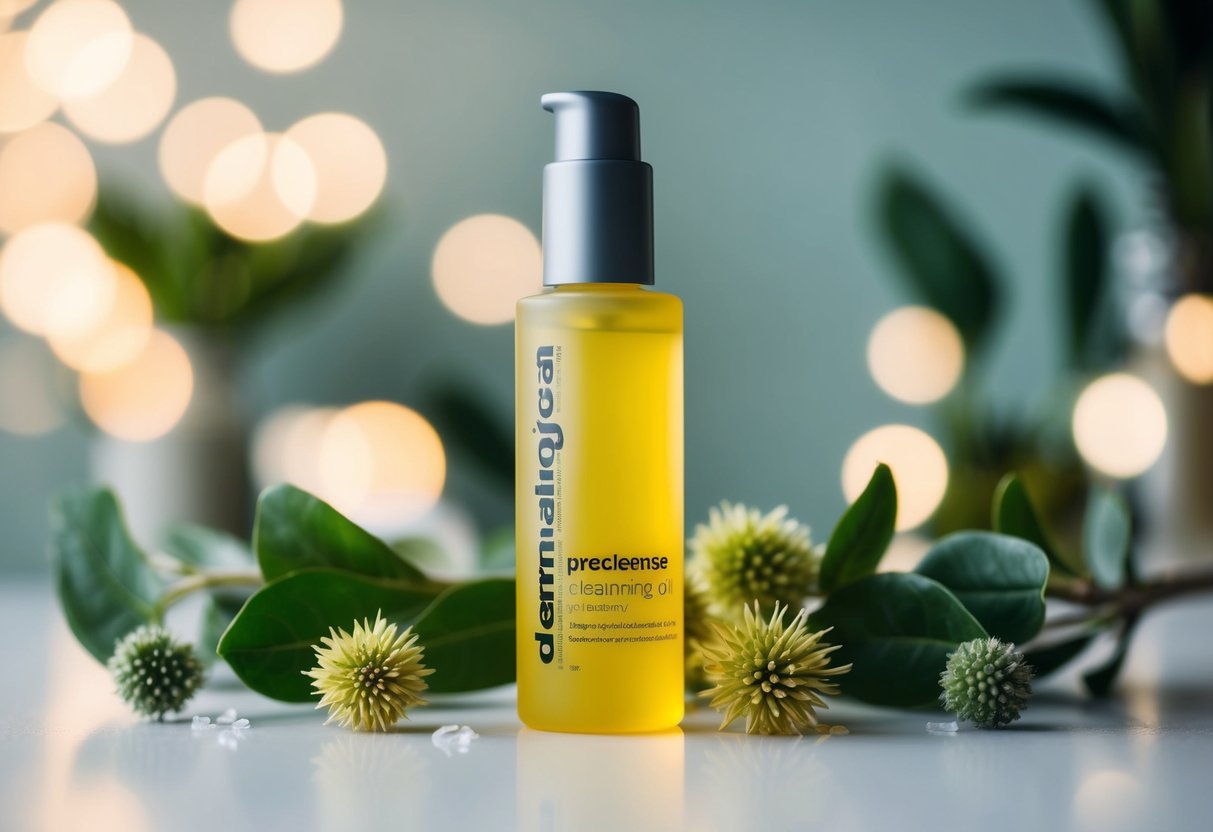 A bottle of PreCleanse Cleansing Oil by Dermalogica surrounded by botanical elements and soft lighting