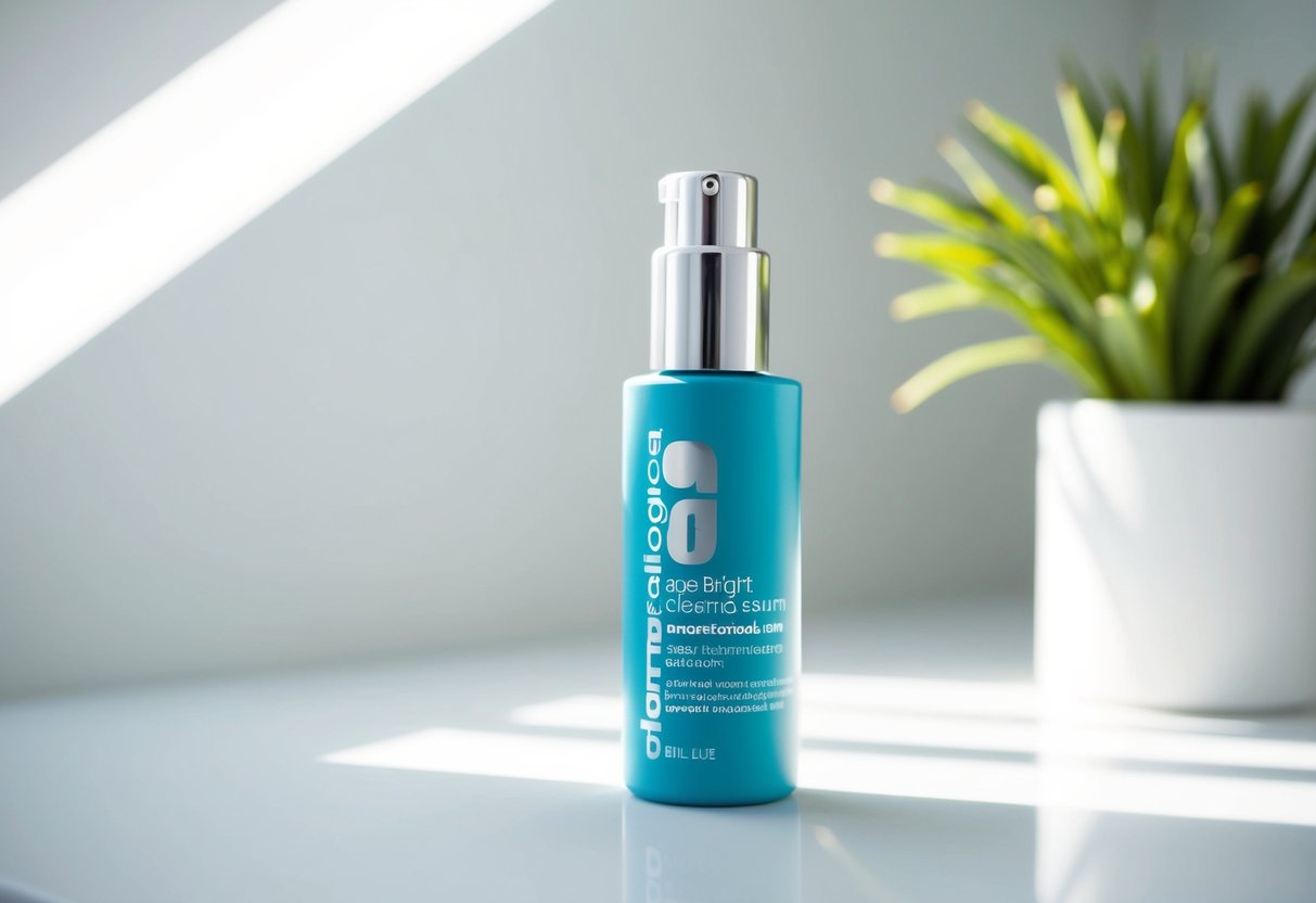 A bottle of Age Bright Clearing Serum by Dermalogica placed on a clean, bright surface with a beam of light shining on it