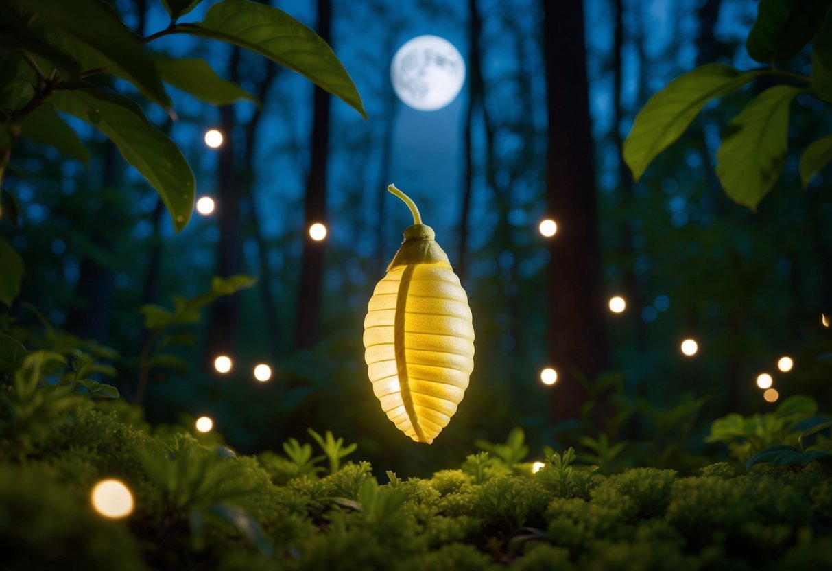 A serene moonlit forest with a cocoon-shaped pod emitting a soft glow, surrounded by lush greenery and twinkling fireflies