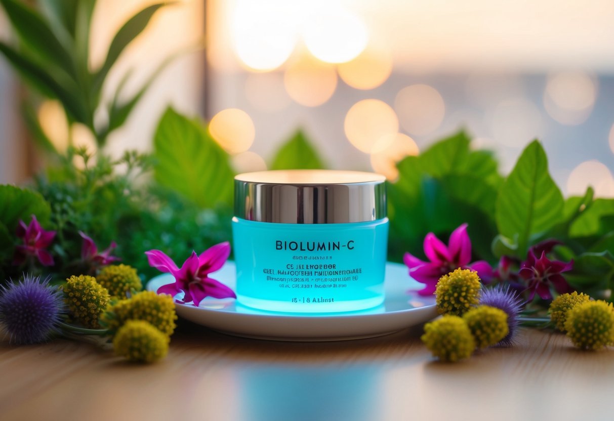 A glowing jar of Biolumin-C Gel Moisturiser surrounded by vibrant botanicals and illuminated by soft, natural light