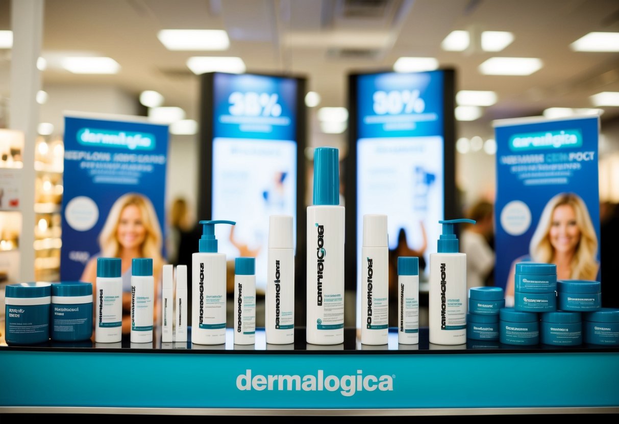 A vibrant display of Dermalogica products arranged with promotional signs and banners. Bright lighting and attractive packaging draw in customers