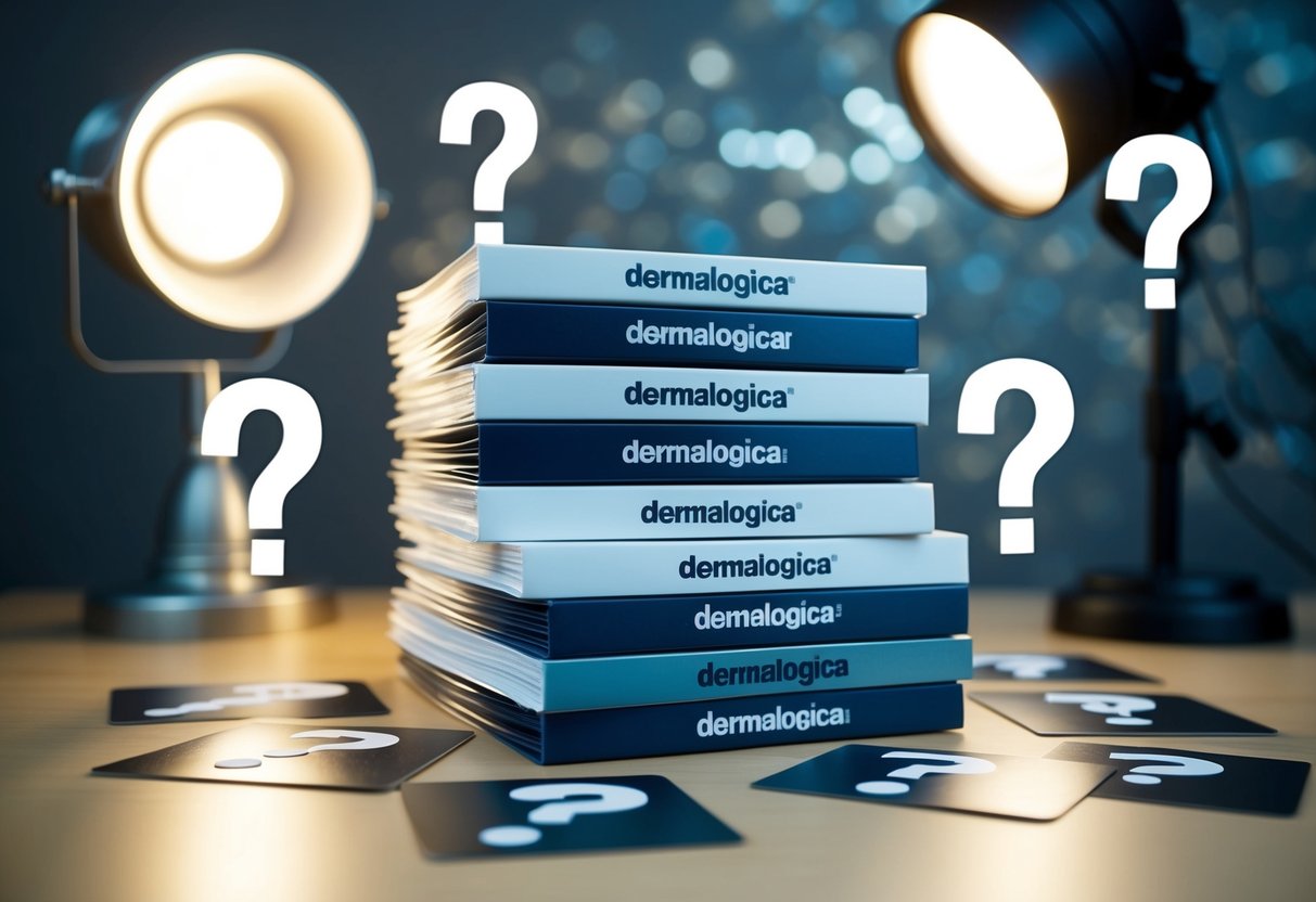 A stack of promotional materials for dermalogica, surrounded by question marks and a spotlight