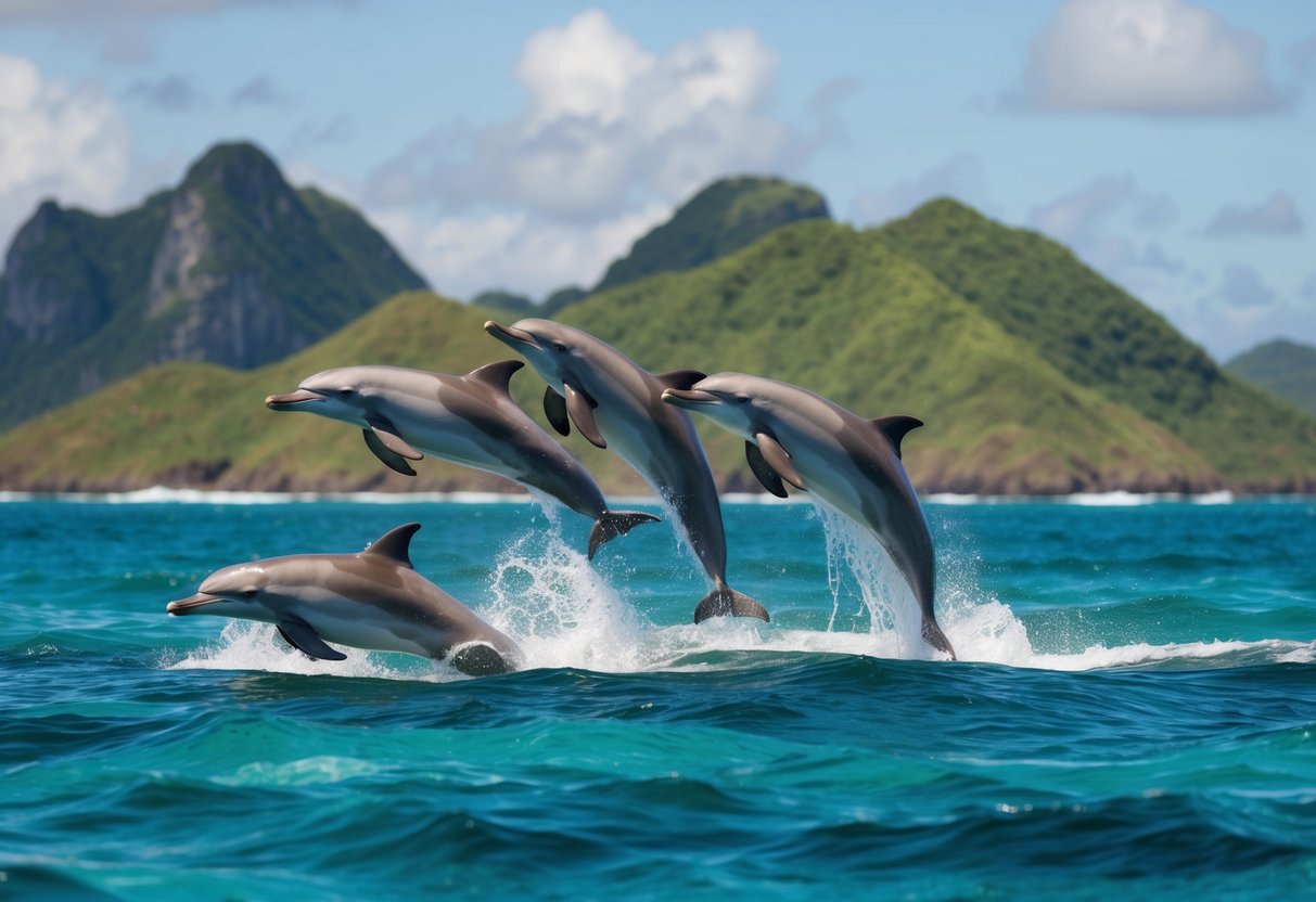 A pod of dolphins leaping and playing in crystal-clear waters surrounded by lush green islands