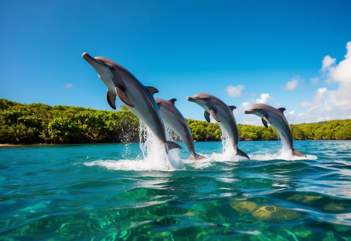 A pod of dolphins leaps and plays in crystal clear waters, surrounded by lush greenery and a bright blue sky