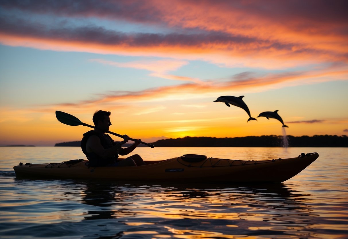 Kayak gliding on calm waters at sunset, silhouetted against a vibrant sky with dolphins leaping in the distance