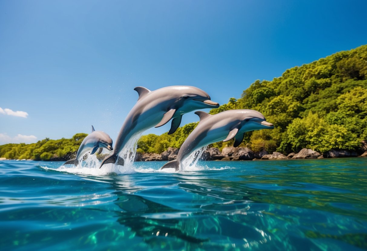 Dolphins leap and play in crystal clear waters, surrounded by lush greenery and a bright blue sky