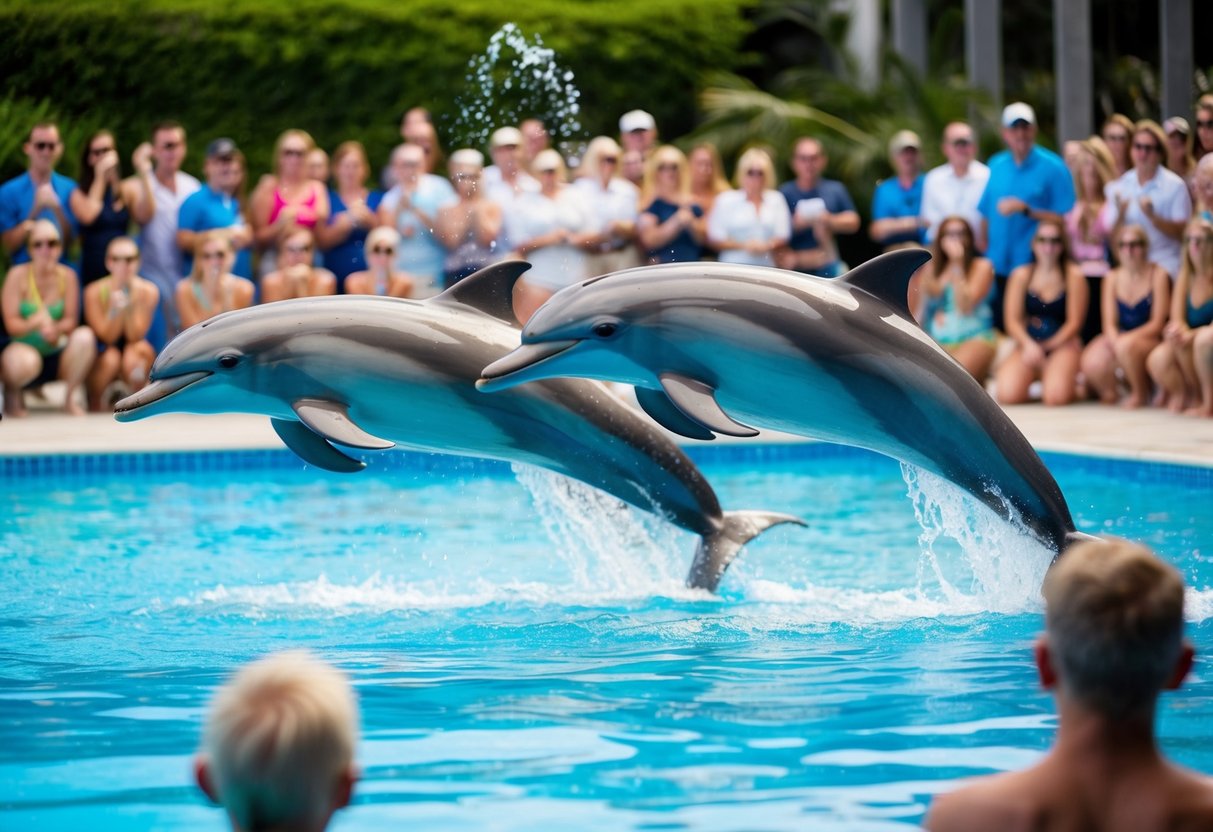 Dolphins perform acrobatic stunts in a sparkling pool, surrounded by excited onlookers
