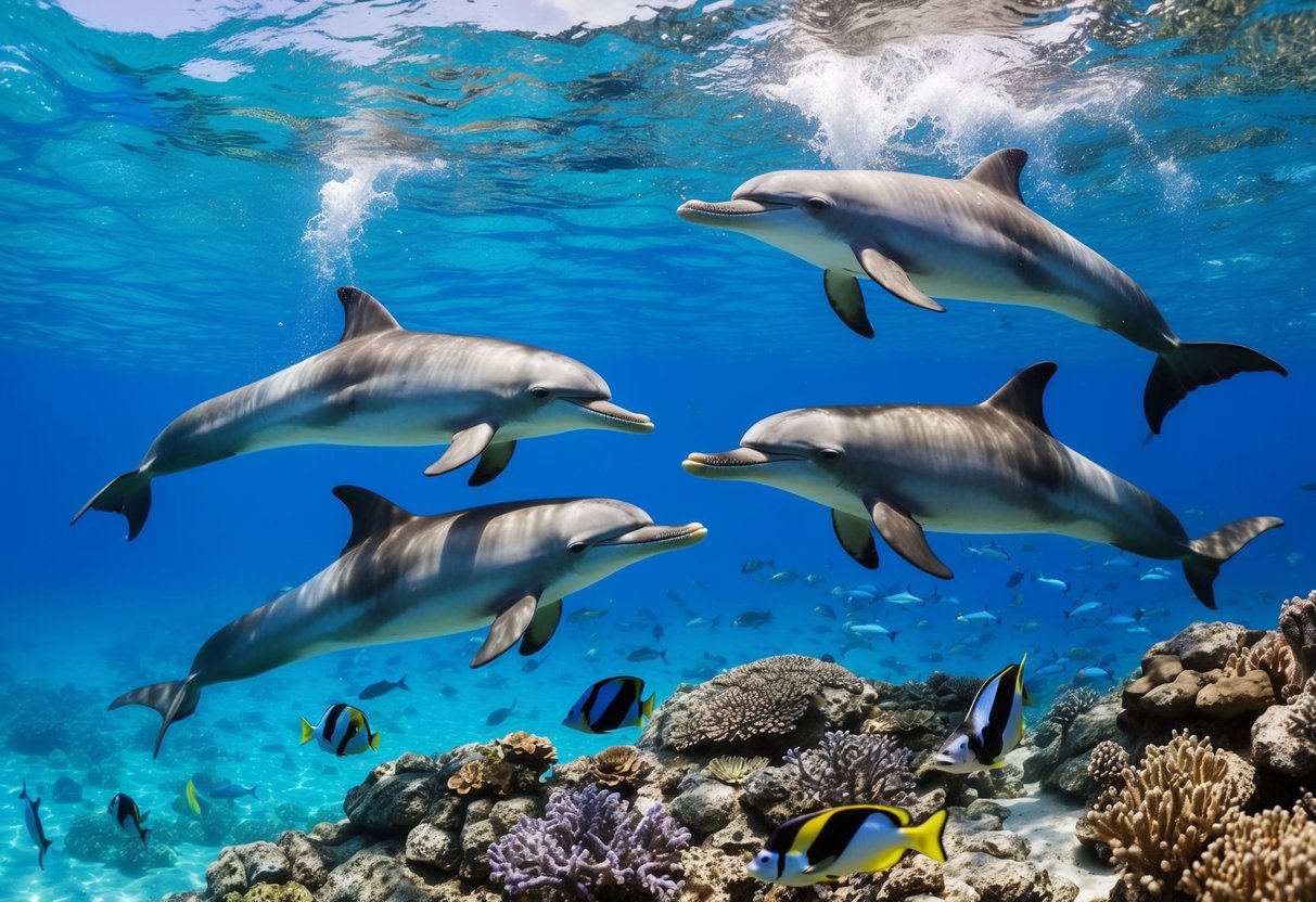 A group of snorkelers swim alongside playful dolphins in crystal clear waters, surrounded by colorful coral reefs and tropical fish