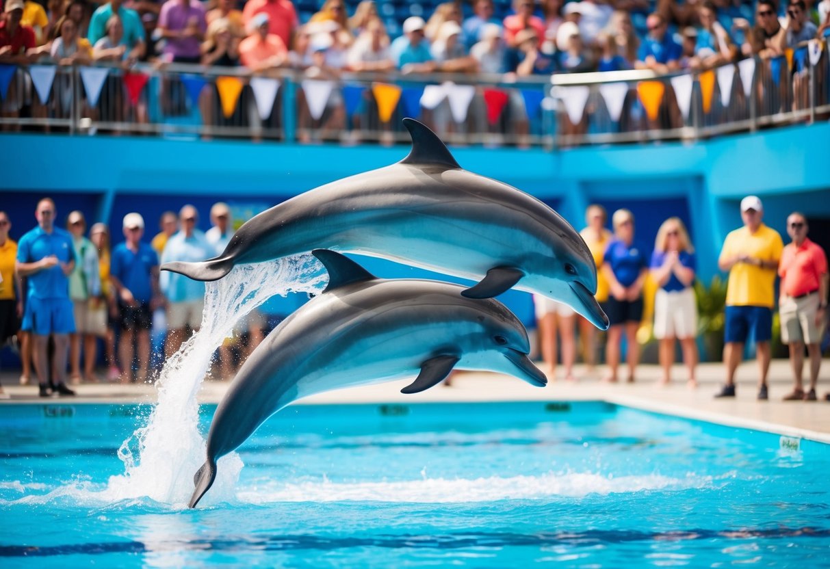 Dolphins leaping through hoops and performing tricks in a sparkling blue pool surrounded by excited onlookers