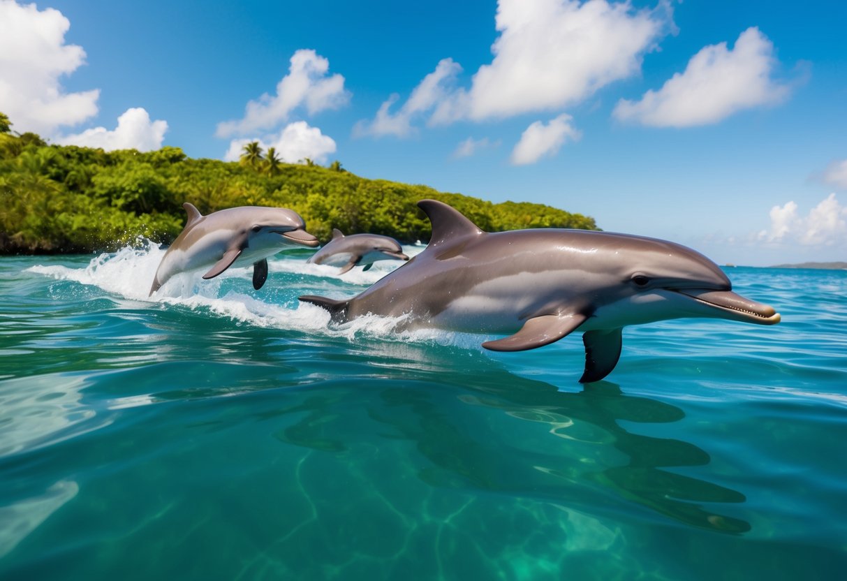 Dolphins swimming in crystal-clear waters, surrounded by lush greenery and a bright blue sky