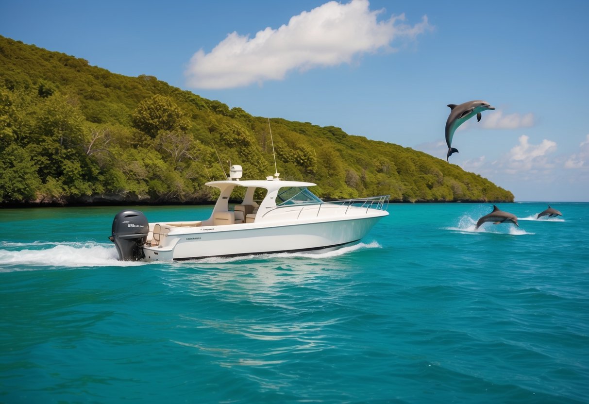 A boat glides through crystal-clear waters, surrounded by lush greenery and playful dolphins leaping in the distance