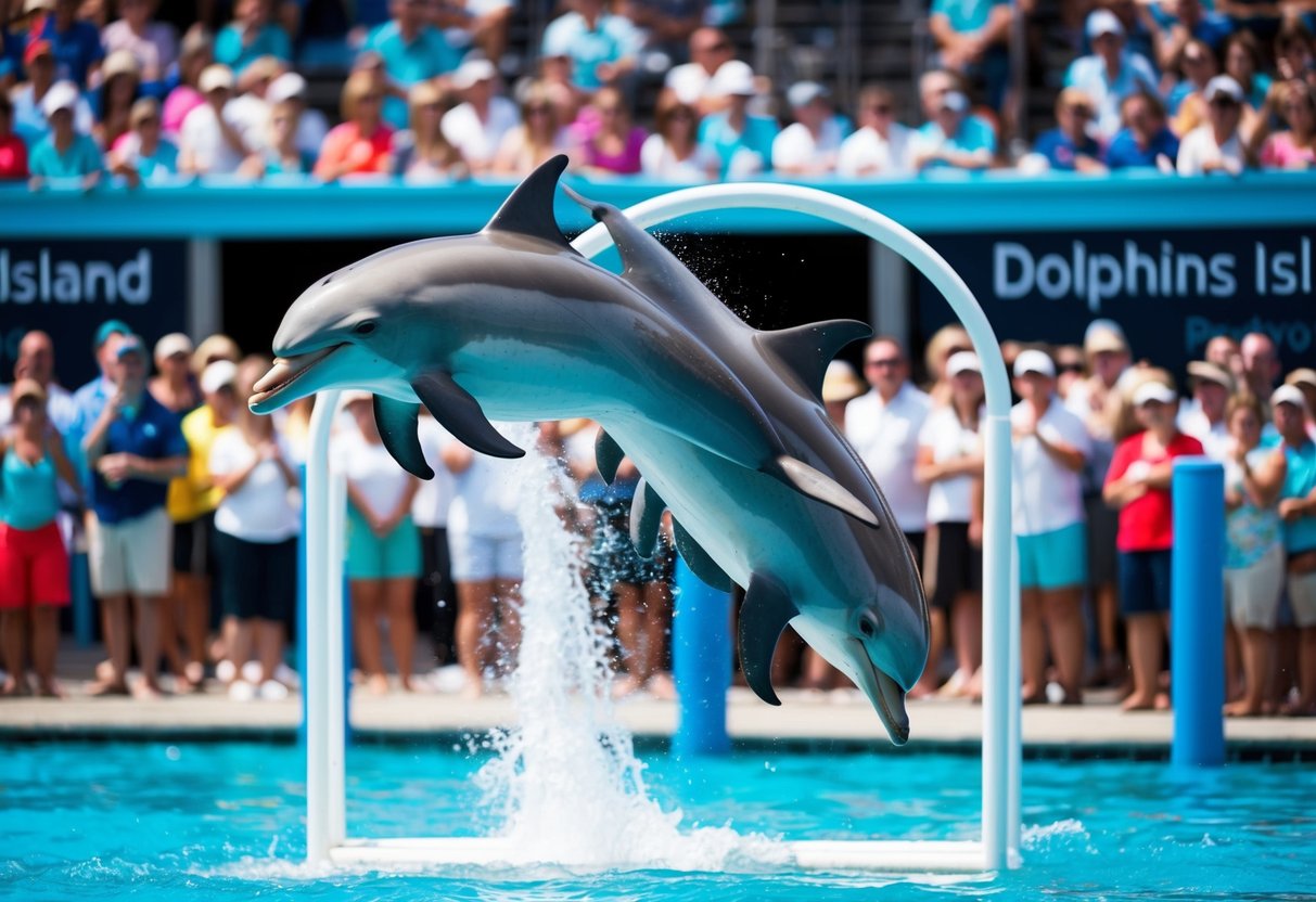 Dolphins leaping through hoops and performing tricks in front of a crowd of eager spectators at Dolphin Island promotions