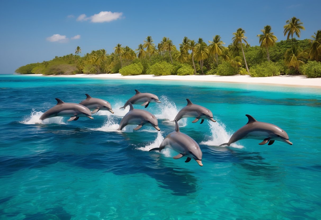 A pod of dolphins leaps and plays in the crystal-clear waters surrounding Dolphin Island, with lush greenery and palm trees lining the pristine white sand beaches