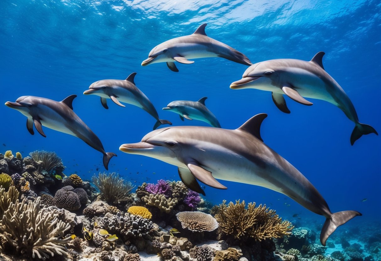 A pod of dolphins swims gracefully through crystal-clear waters, surrounded by colorful coral reefs and lush, tropical vegetation