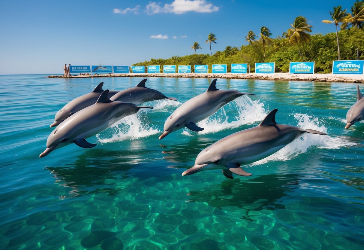 A group of dolphins swimming and jumping playfully in the crystal clear waters of Dolphin Island, with promotional banners and signs displayed along the shore