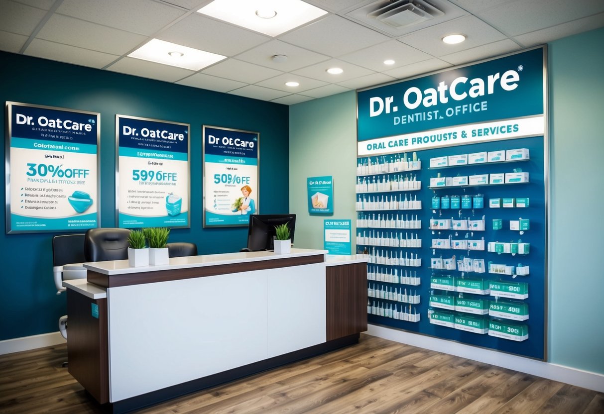 A cheerful dentist office with a display of Dr. Oatcare's latest promotions on oral care products and services