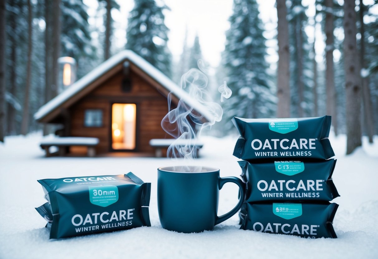 A snowy forest with a cozy cabin, a steaming mug, and a stack of Oatcare's Winter Wellness Packs