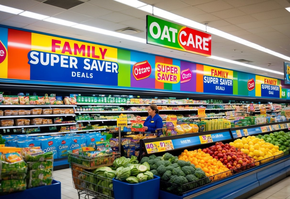 A bustling grocery store with colorful promotional signs and displays showcasing Oatcare's Family Super Saver deals