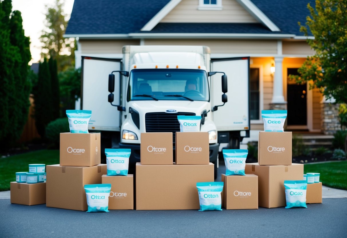A delivery truck parked outside a house, surrounded by boxes of oatcare products