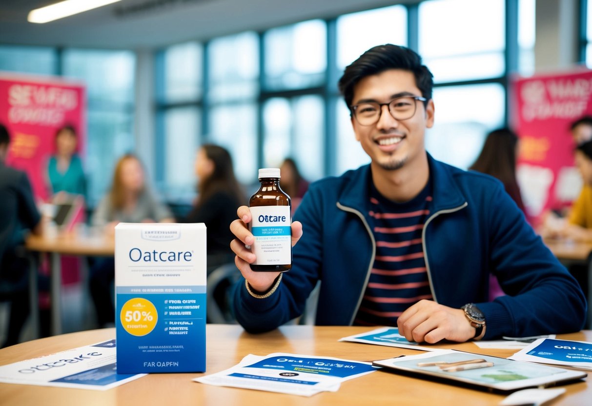 A student holding a bottle of oatcare with a discount sticker, surrounded by promotional materials