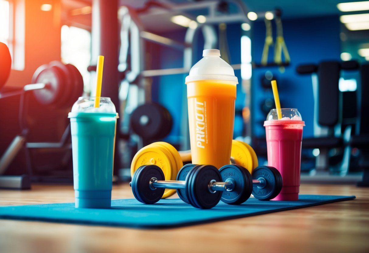 A vibrant gym scene with workout equipment, protein shakes, and energetic atmosphere