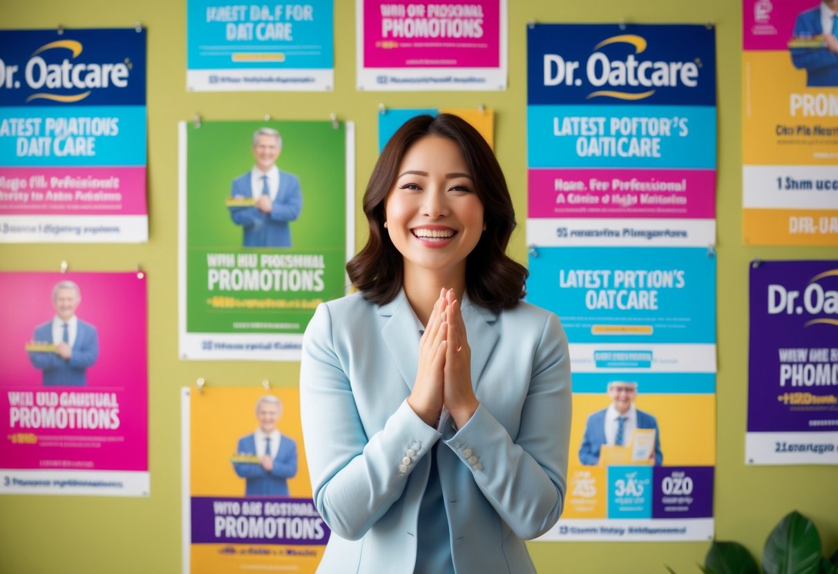 A cheerful, smiling person surrounded by colorful posters and banners advertising Dr OatCare's latest promotions