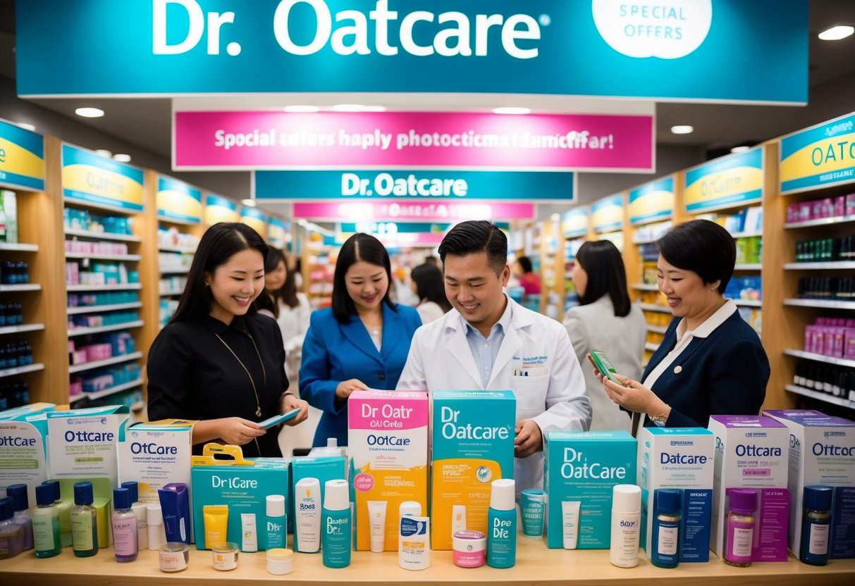 A vibrant display of Dr OatCare products with eye-catching promotional signs and banners. Customers happily selecting items and enjoying special offers