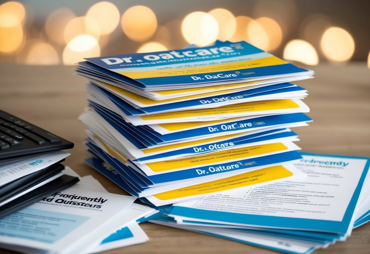A stack of promotional flyers for Dr. Oatcare's latest offers, surrounded by a pile of frequently asked questions documents