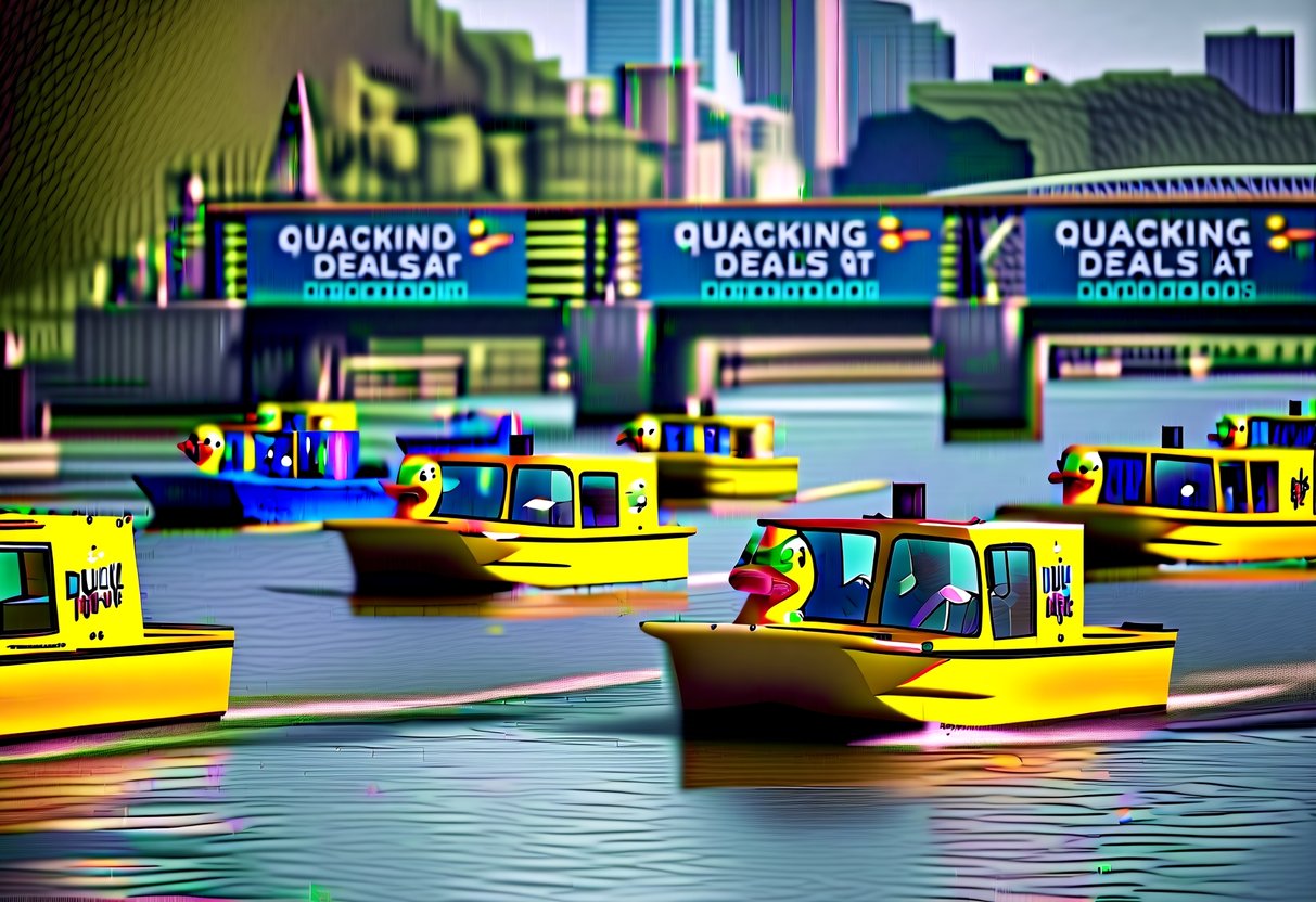 A group of colorful duck boats cruising along a river, with promotional banners and signs displaying "Quacking Deals at River Tours" prominently featured