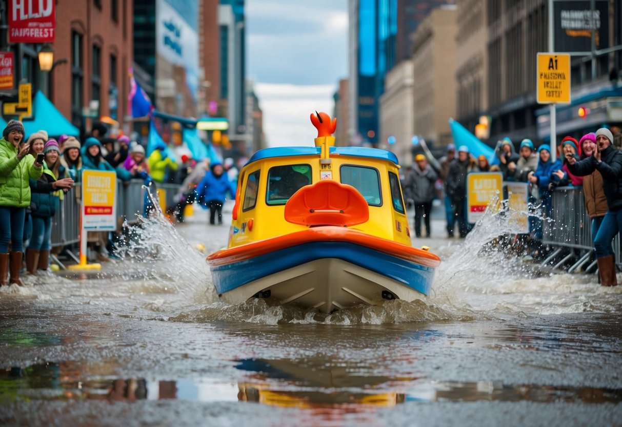 A colorful duck tour boat splashes through a puddle-filled street, surrounded by excited onlookers and promotional signs