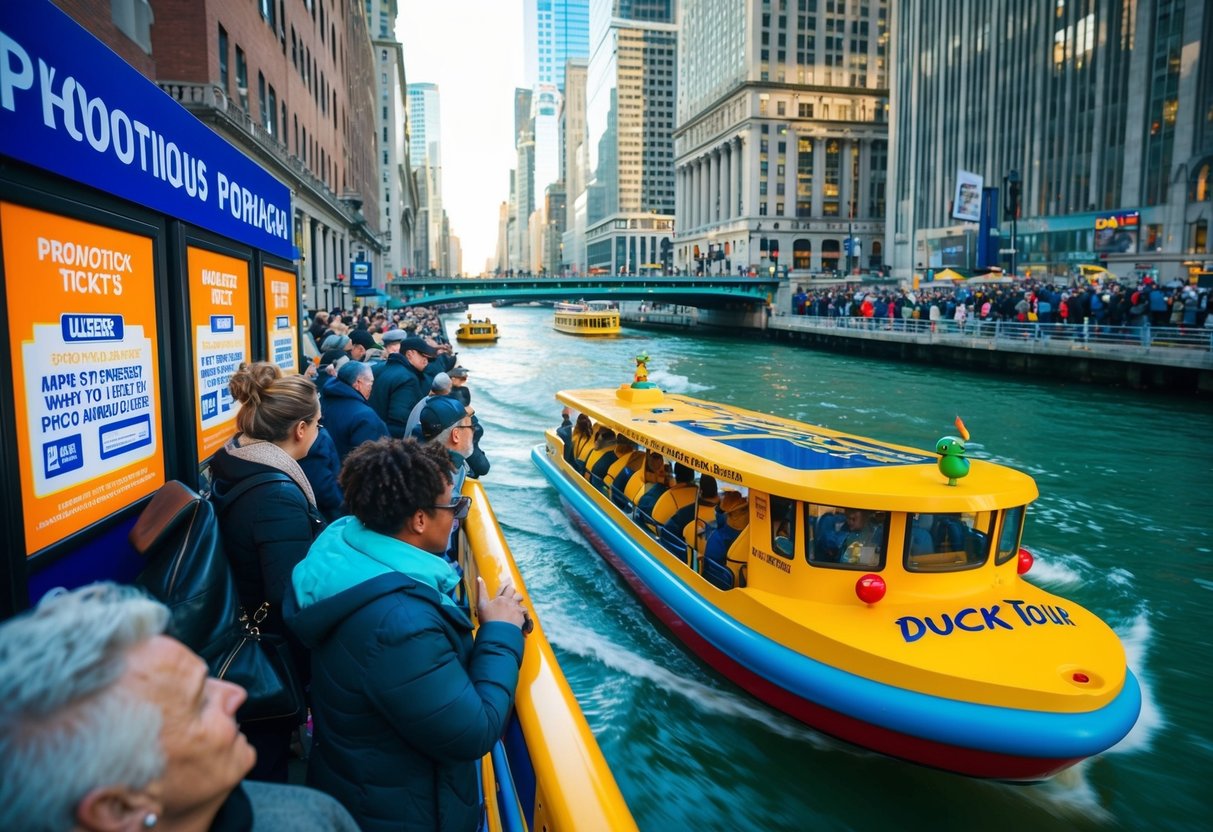 A colorful duck tour boat cruising through a bustling city, with people eagerly lining up to purchase tickets and promotional materials displayed prominently