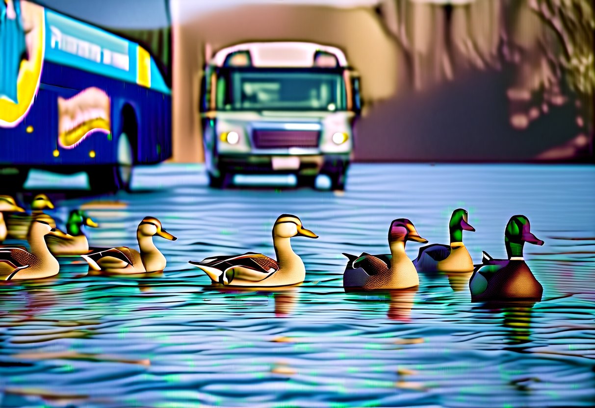 A group of ducks waddling near a tour bus with a promotional banner