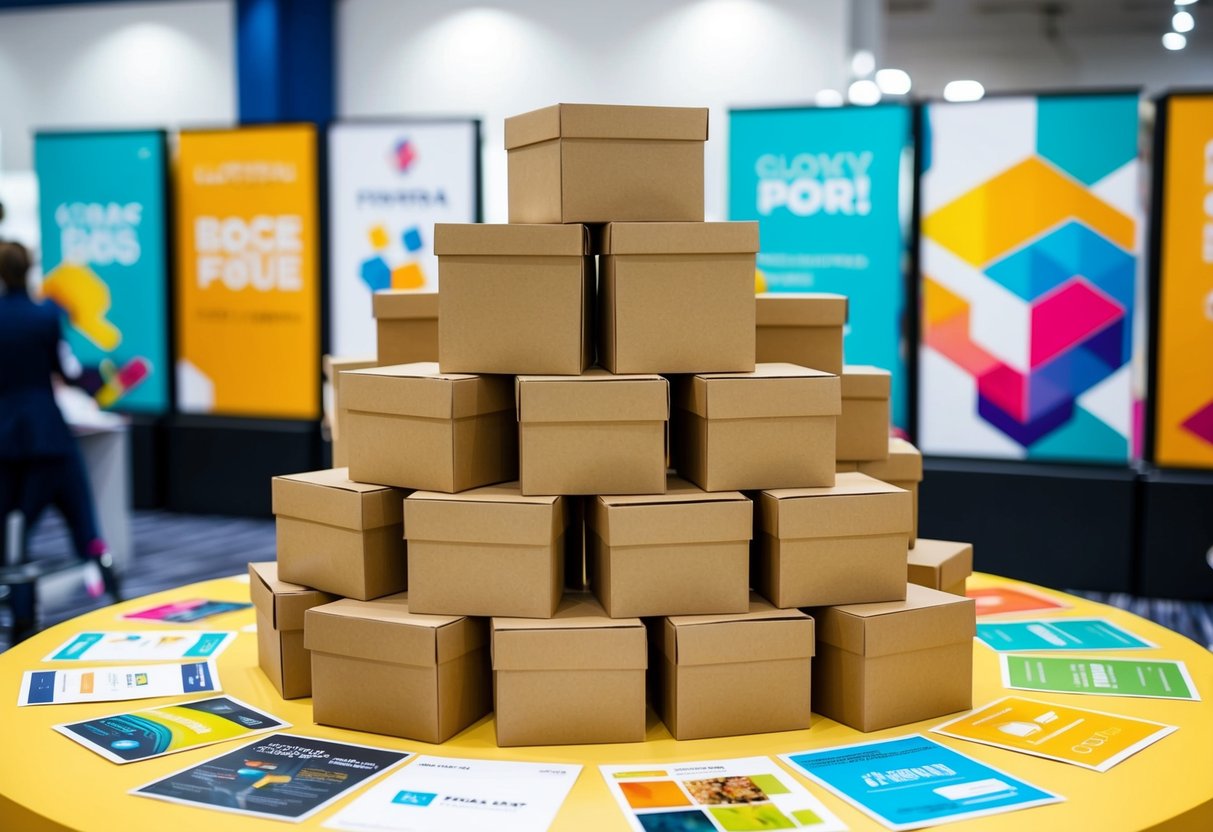 A pile of custom boxes arranged in a creative display, surrounded by promotional materials and colorful graphics