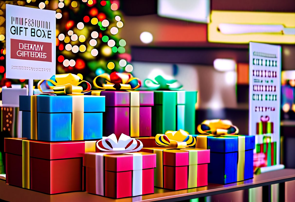 A collection of colorful custom gift boxes arranged in a festive display with promotional signage