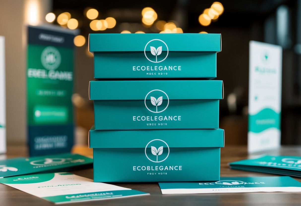 A stack of sleek, recyclable custom boxes with EcoElegance branding, surrounded by promotional materials