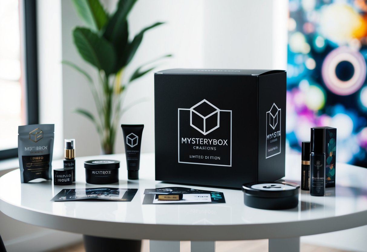 A sleek, black MysteryBox Limited Edition Creations box sits on a clean, modern table surrounded by promotional items and artistic elements
