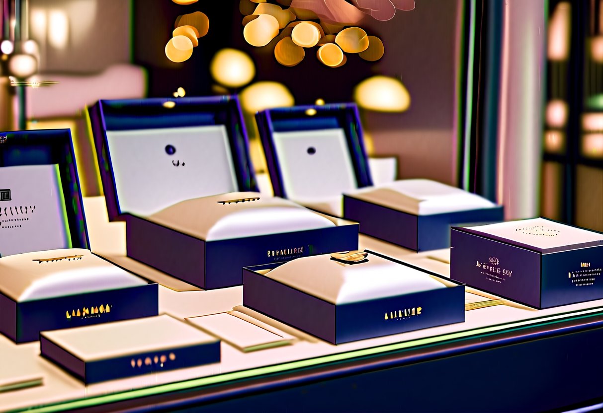 A display of custom luxury boxes with elegant designs and promotional materials