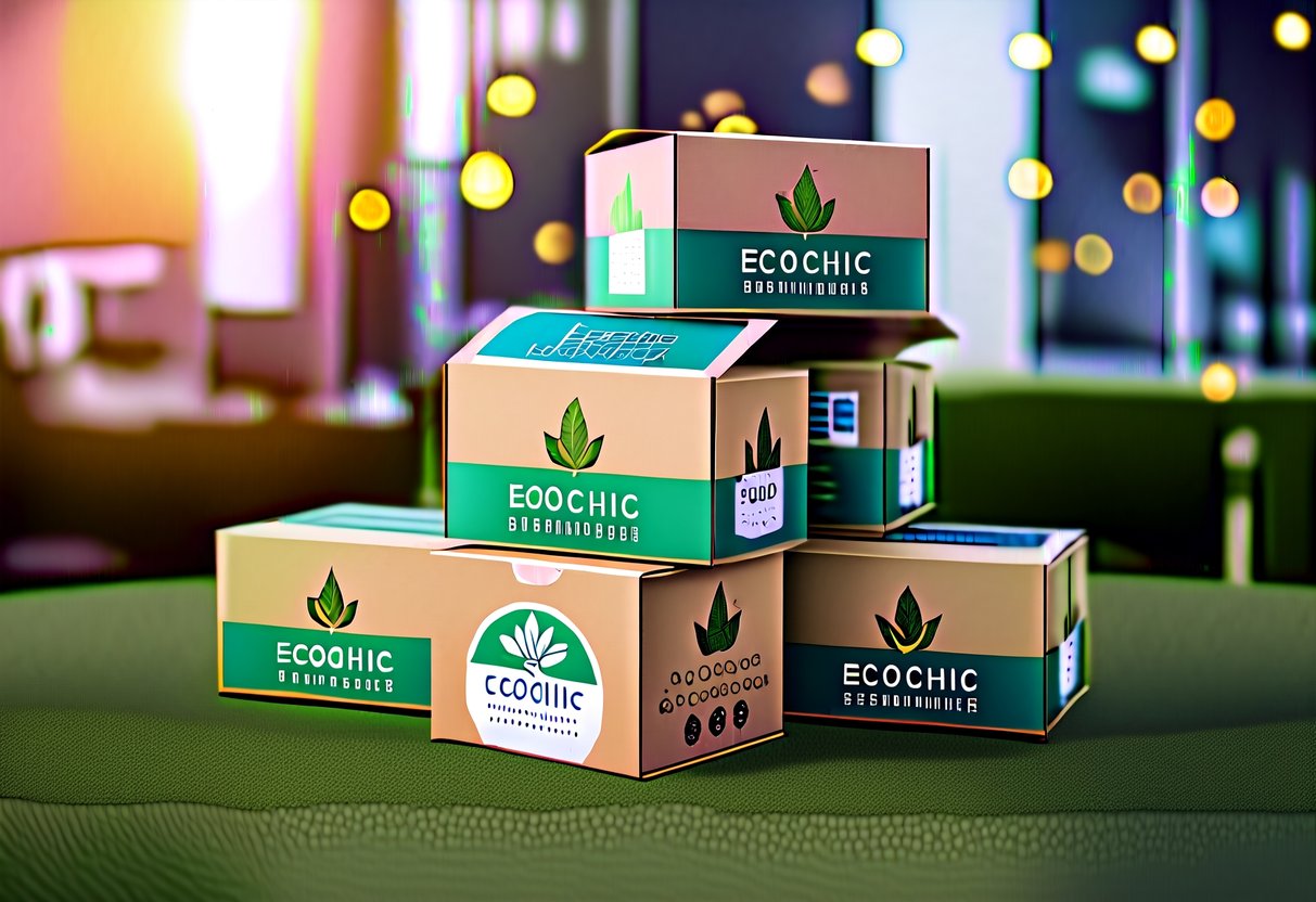 A stack of custom EcoChic Sustainable Boxes with promotional stickers and designs
