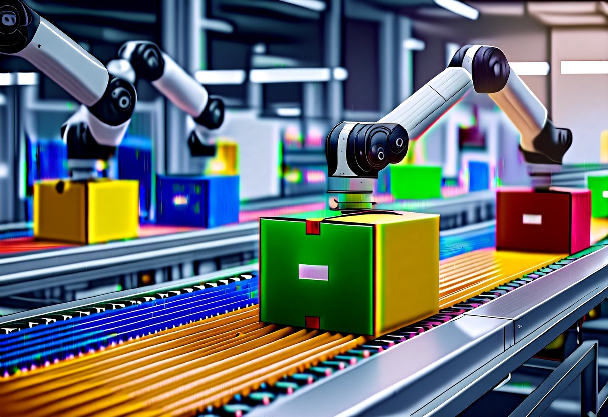 A conveyor belt carries colorful custom boxes through a futuristic packaging facility. Robotic arms assemble and label the boxes with precision