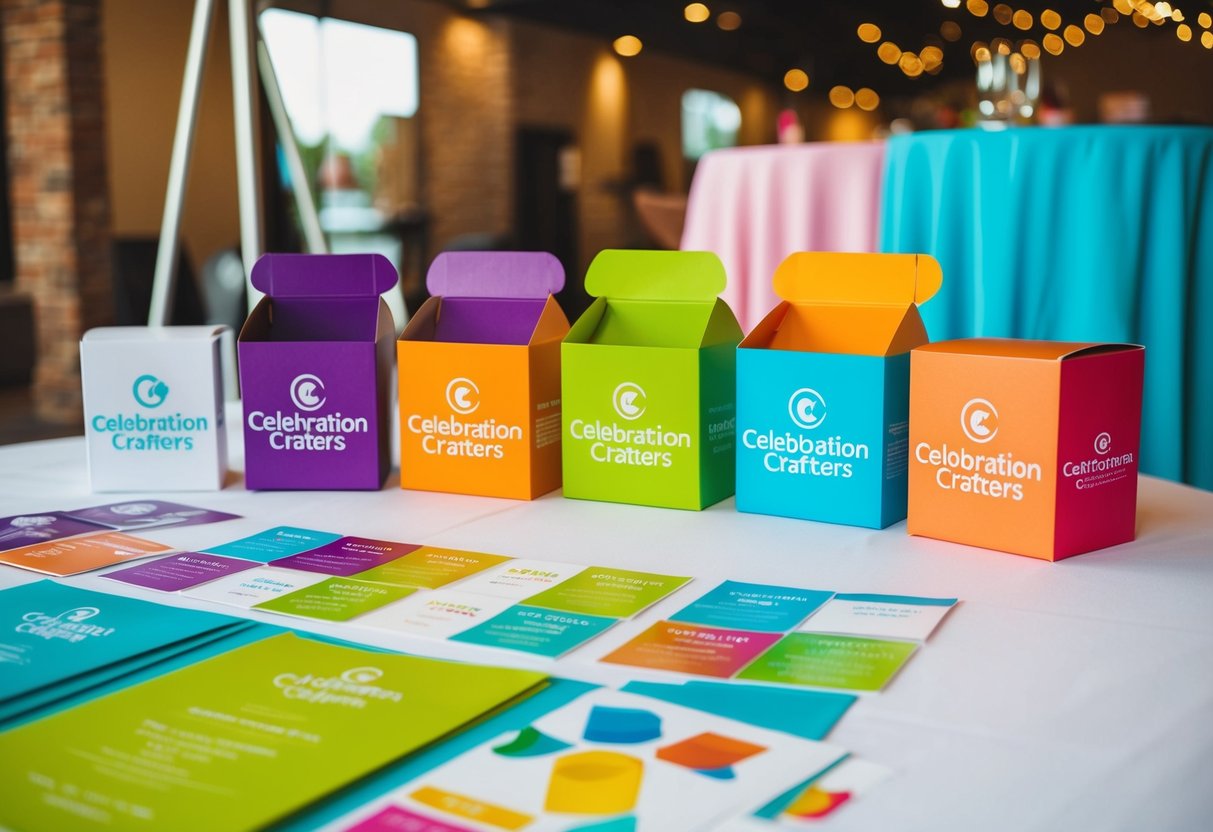 A table adorned with colorful custom boxes and promotional materials for CelebrationCrafters Event Themed Boxes